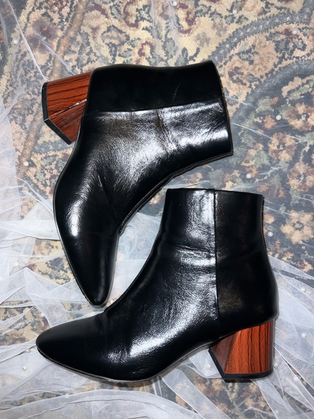 Classic Black Leather Ankle Boots with Wood-Effect Heel